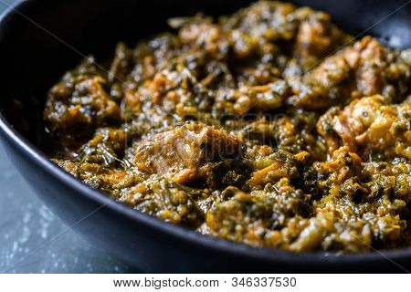 Indian Dish Spinach Lamb Palak With Chappati Flat Bread.