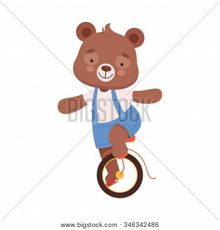 Smiling Bear Character Wearing Playsuit Cycling Vector Illustration