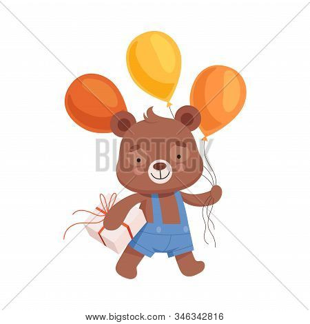 Smiling Bear Character In Playsuit Carrying Bunch Of Balloons And Gift Box To Birthday Party Vector 