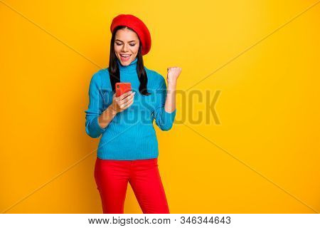 Portrait Of Her She Nice Attractive Lovely Glad Satisfied Cheerful Cheery Girl Holding In Hands Usin