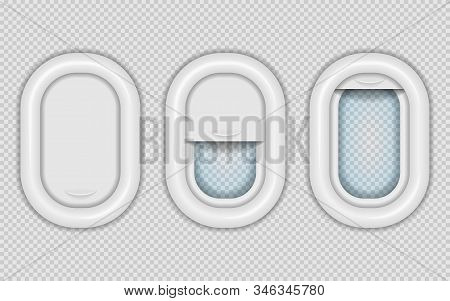 Airplane Windows. Realistic Aircraft Porthole In Different Positions, Open Closed And Half Closed. V