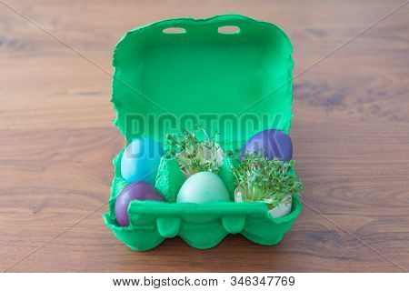 Decorative Handmade Easter Egg Present Box With Eggs And Cress. Beautiful Decoration Easternest Bask