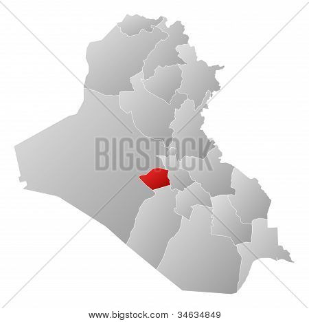 Mapa Iráku, zvýrazněné Karbalá