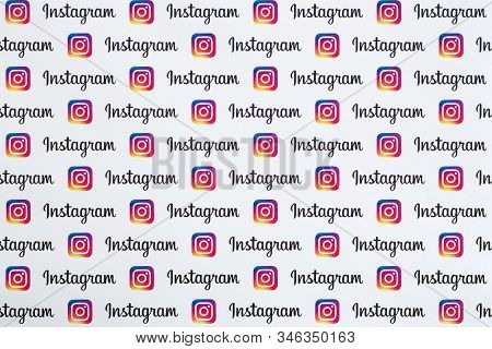 Instagram Pattern Printed On Paper With Small Instagram Logos And Inscriptions. Instagram Is America