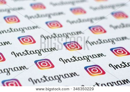 Instagram Pattern Printed On Paper With Small Instagram Logos And Inscriptions. Instagram Is America