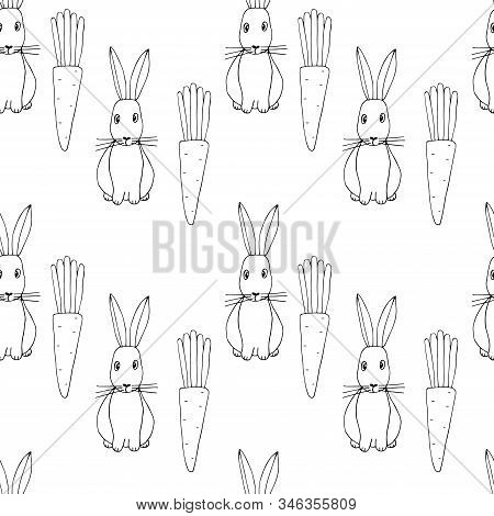 Vector Illustration Of Seamless Pattern Of Rabbits And Carrots In Black White