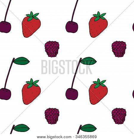 Vector Illustration Of A Seamless Pattern Of Colored Strawberries, Cherries And Raspberries