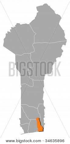 Map Of Benin, Ouémé Highlighted