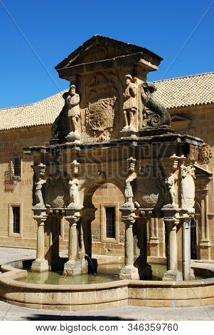 Baeza, Spain - July 28, 2008 - View Of The Santa Maria Fountain With St Philip Neri Seminary Univers