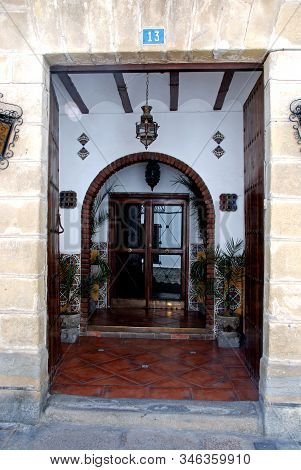 Baeza, Spain - July 28, 2008 - Traditional Spanish Building Entrance Courtyard, Baeza, Jaen Province