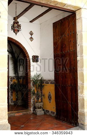 Baeza, Spain - July 28, 2008 - Traditional Spanish Building Entrance Courtyard, Baeza, Jaen Province