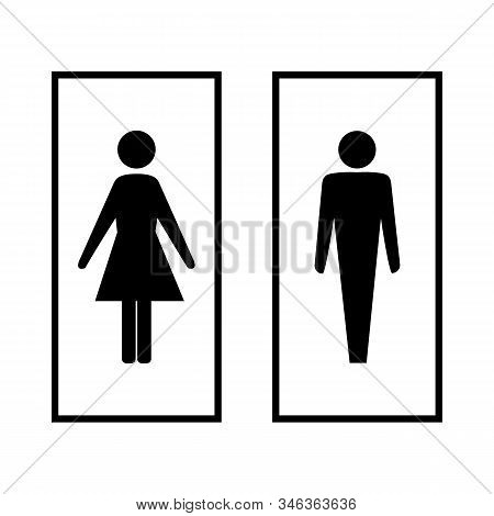 Black Silhouette Men And Women Icon In White Rectangle. Sign Restroom Women And Men. Icon Public Toi