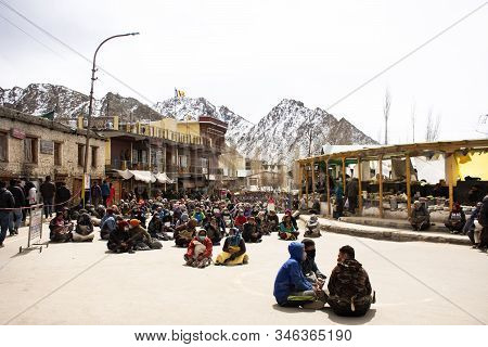 Jammu Kashmir, India - March 20 : Tibetans Walking Parade On The Road For Respect Praying Buddha Cha