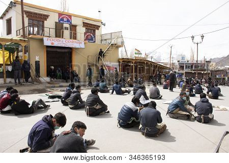 Jammu Kashmir, India - March 20 : Tibetans Walking Parade On The Road For Respect Praying Buddha Cha