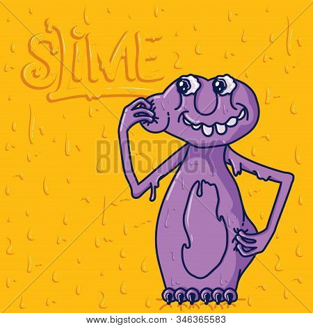 Vector Illustration Of A Jelly Slime Monster On A Background Of Yellow Slime. Cute Illustration With