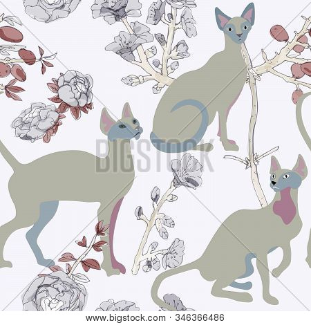 Three White Siamese Or Sphinx Cats In Sakura Flowers On A Light Background Seamless Vector Illustrat