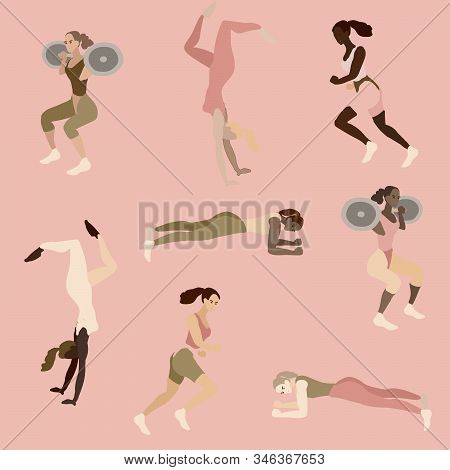 Strong Girls Of Different Nationalities Go In For Sports. Seamless Vector Pattern. Beige, Cream, Bro