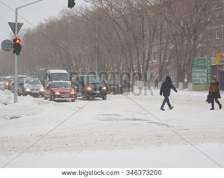 Karaganda, Kazakhstan - January 17, 2019: Snowstorm, Winter Storm