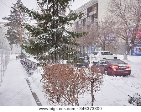 Karaganda, Kazakhstan - January 17, 2019: Snowstorm, Winter Storm