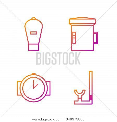 Set Line Snorkel, Diving Watch, Lift Bag And Big Flashlight For Diver. Gradient Color Icons. Vector