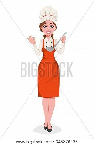 Beautiful Young Chef Woman. Pretty Cook Lady In Professional Apron And Hat. Stock Vector