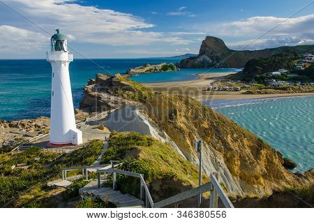 Castle Point Lighthouse In Wairarapa, New Zealand, During Golden Hour