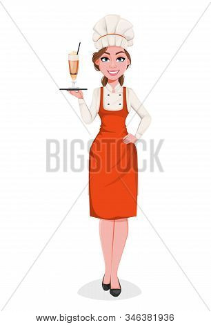 Beautiful Young Chef Woman Serving Cocktail. Pretty Cook Lady In Professional Apron And Hat. Stock V