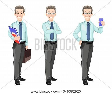 Handsome Confident Business Man, Set Of Three Poses. Successful Businessman Cartoon Character. Stock