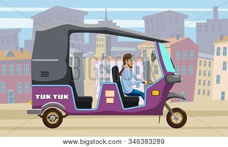 Tuk Tuk Asian Auto Rickshaw Three Wheeler Tricycle With Local Driver. Background City Urban Street T