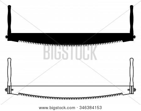 Two Man Crosscut Saw. Thin Line And Silhouette Icons