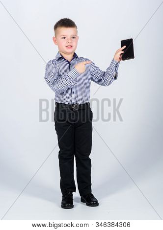 Confident Child Has Business Start Up. Modern Life. Small Boy With Mobile Phone. Little Boss. Ceo Di