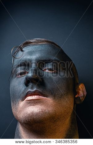 Stock Photo Male Face, Makeup Art. Handsome Caucasian Man Close Up.