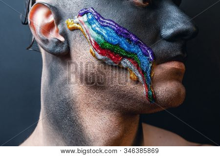Stock Photo Male Face, Makeup Art. Handsome Caucasian Man Close Up.