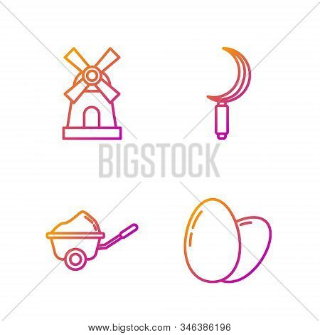 Set Line Chicken Egg, Wheelbarrow With Dirt, Windmill And Sickle. Gradient Color Icons. Vector