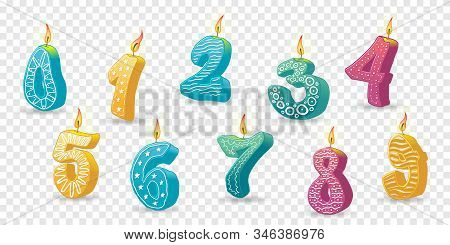 Set Of Colored Candles For The Holiday. Hand-drawn Vector Illustration. Digits On Transparent Backgr