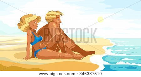 Pretty Young Couple On Sea Shore Beach Calm Relaxing And Rest Looking To The Sea, Attractive Man And