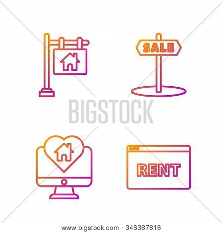 Set Line Hanging Sign With Text Online Rent, Monitor With House In Heart Shape, Hanging Sign With Te
