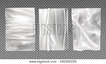 White Wet Paper, Bad Glued Wheatpaste Set. Wrinkled And Creased Sheets With Crumpled Texture Isolate
