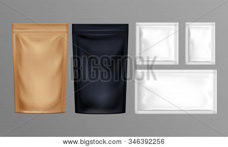 Sachet Set. Pouch Foil Paper Or Plastic Bags Isolated On Grey Background. Various Size And Color Doy