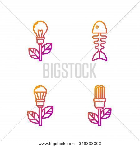 Set Line Light Bulb With Leaf, Light Bulb With Leaf, Light Bulb With Leaf And Fish Skeleton. Gradien