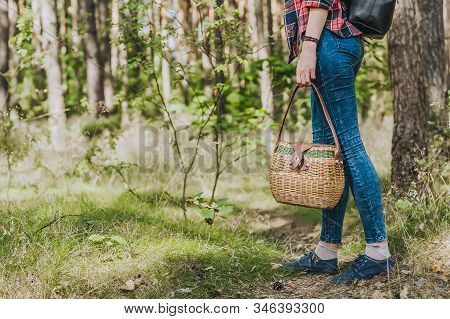 A Girl With A Basket In Hand Walks Through The Woods. Concept On The Theme Of Outdoor Recreation