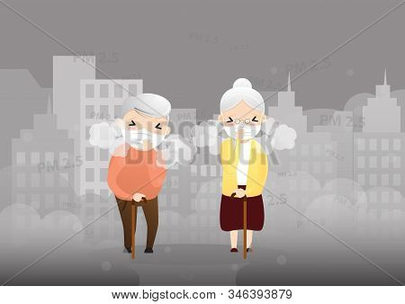 Old Man Cough With Dirty Lung Because Air Pollution Pm2.5 Air Poll.  Smoke, Smog, Respiratory, Envir