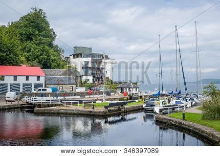Crinan Village, Bay And Water Gates From Sea To The Channel. Popular Sailing Route, Scotland