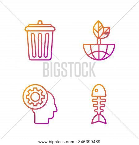 Set Line Fish Skeleton, Human Head With Gear Inside, Trash Can And Earth Globe And Leaf. Gradient Co