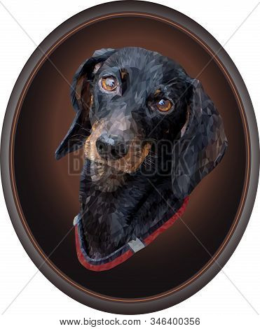 Dachshund Dog Portrait In Oval Frame. Vector. Polygonal Graphics.