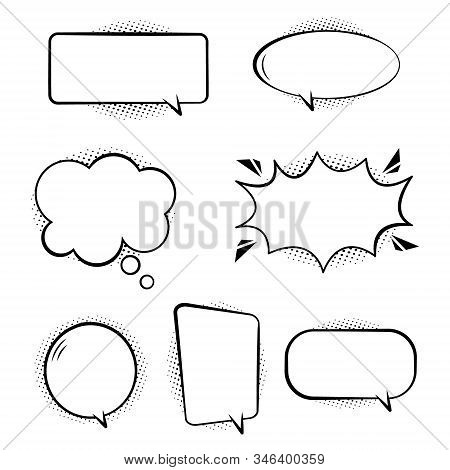 Set Of Comic Speech Bubbles. Retro Empty Bubbles With Black Halftone Shadows On Transparent Backgrou