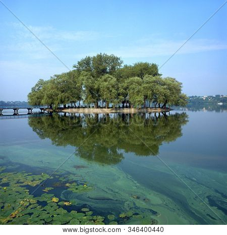 Island Of Love On Lake. Park In Ternopil (ternopol).
