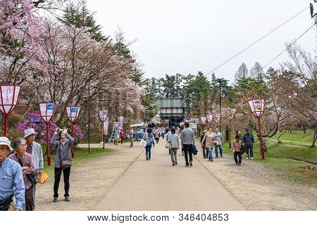 Hirosaki Park In Springtime Cherry Blossom Season Sunny Day At Otemon Gate Entrance. Visitors Enjoy 