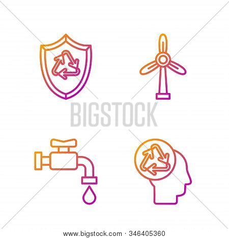Set Line Human Head With Recycle, Water Tap, Recycle Symbol Inside Shield And Wind Turbine. Gradient