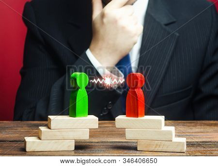 A Businessman Is Studying Confrontation Of Opponents, Rivalry Parties. Truce Agreement. Resolution D